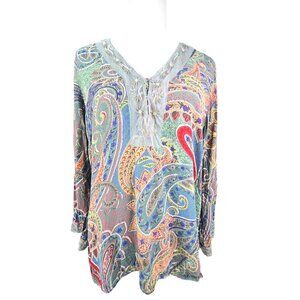At Last Classics Green Colorful Floral Paisley Beaded Gypsy Boho Peasant Top